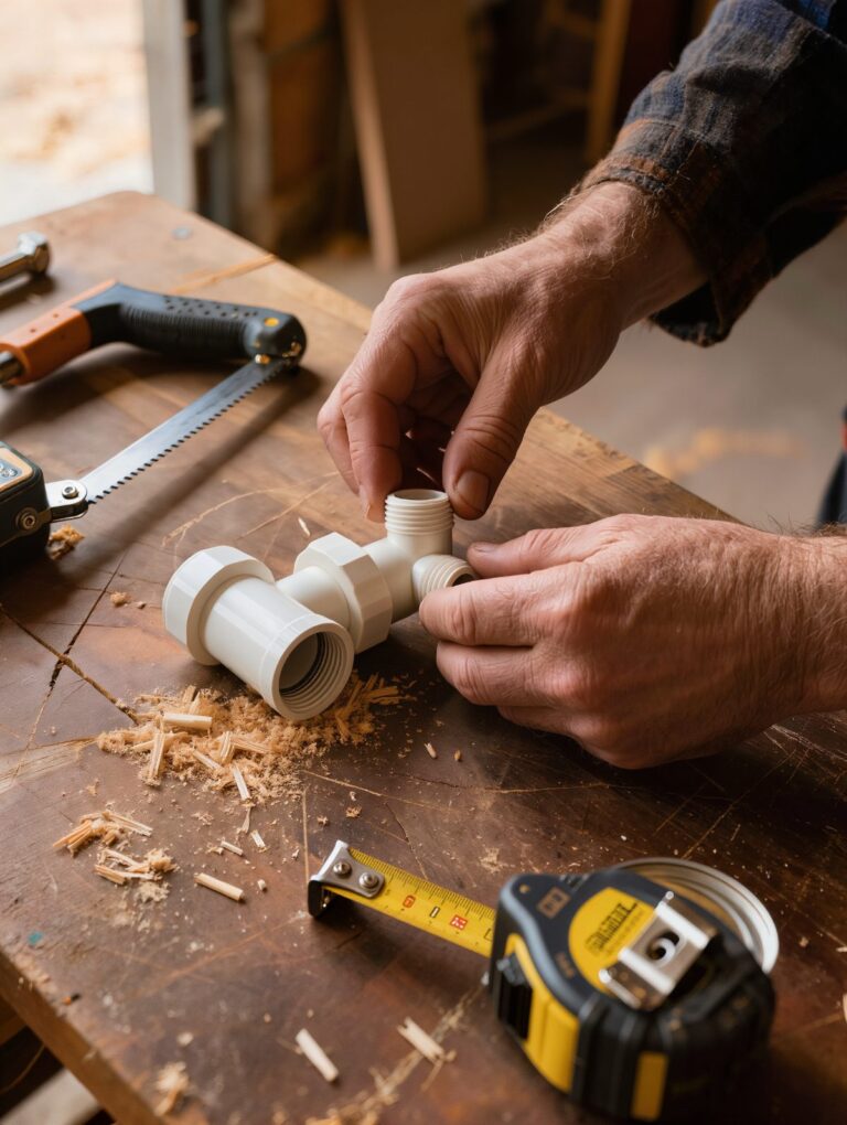 Hands fitting PVC pipe on a workbench